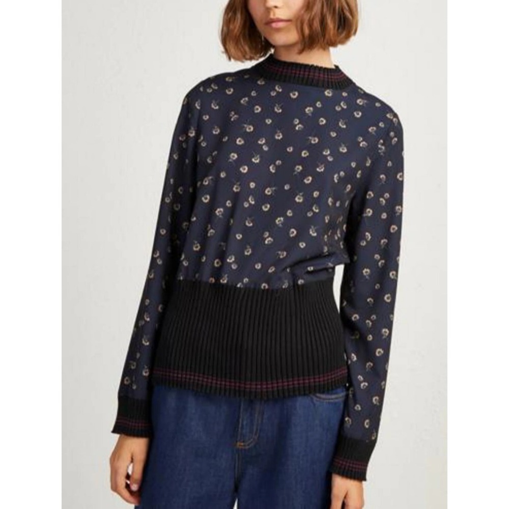 French Connection Mahi Pullover Top Blue Gold Print‎ Ribbed Finishes SZ M